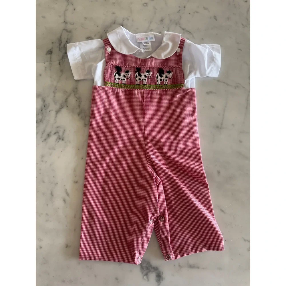 Like New Kids Gingham Cow Smocked Jon Jon Jumpsuit Romper Outfit 3M